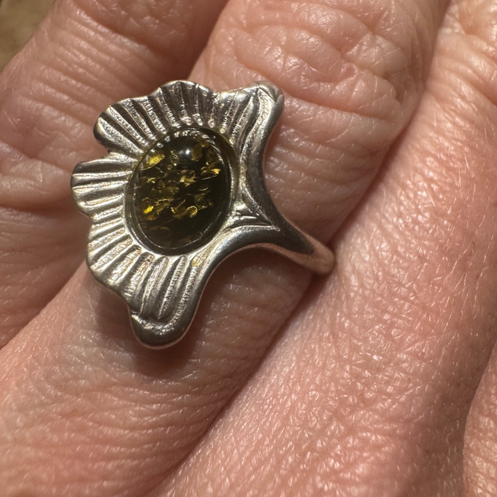 Silver Floral Ring with Amber Stone